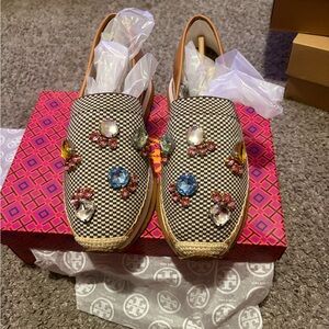 Tory Burch Black and White Embellished Loafers